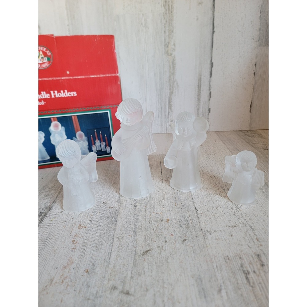 Vintage St‎ Nicholas square Angel candle holders frosted glass Xmas set